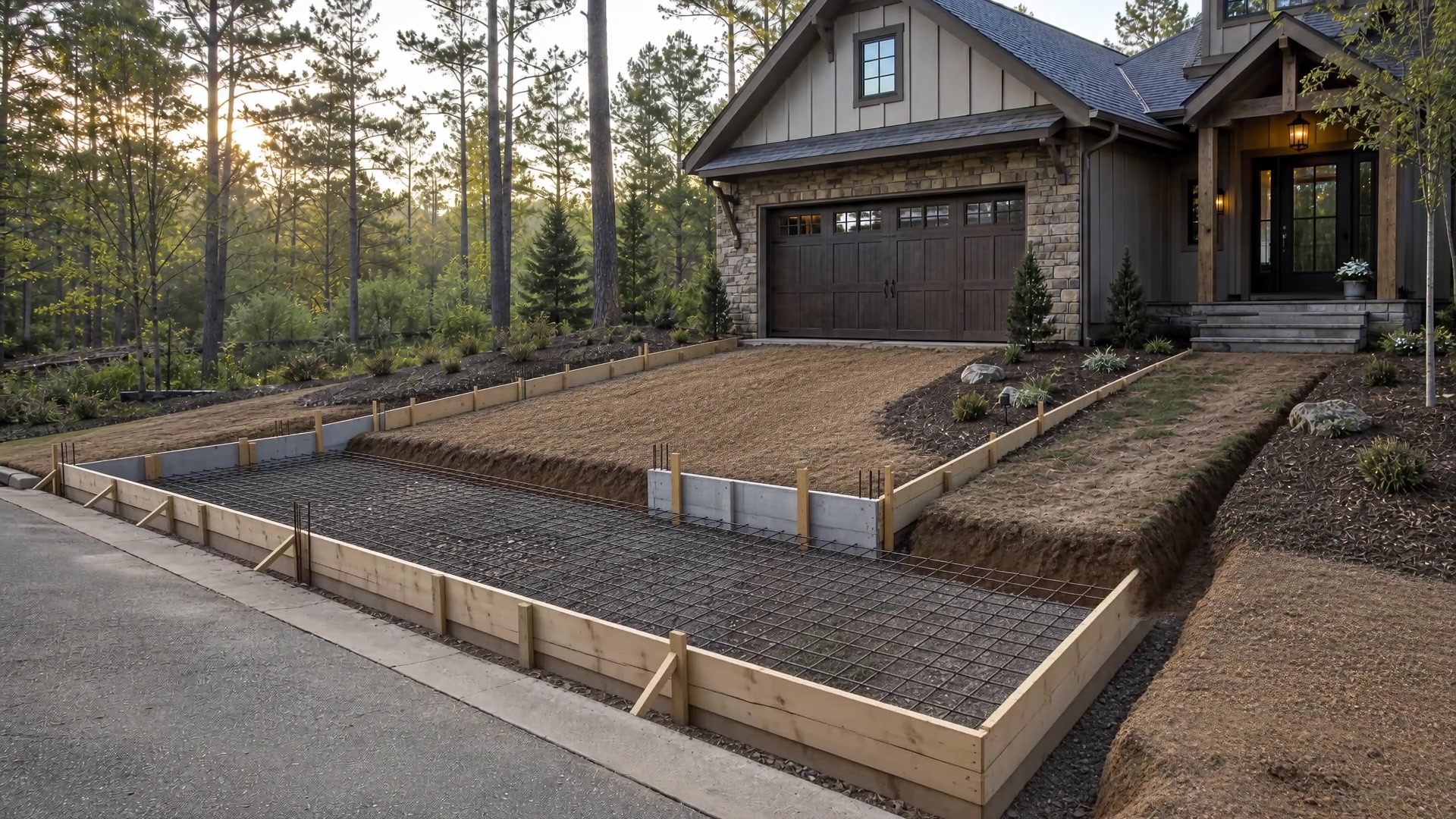 Editorial concept showing a residential driveway base, forms, and reinforcement