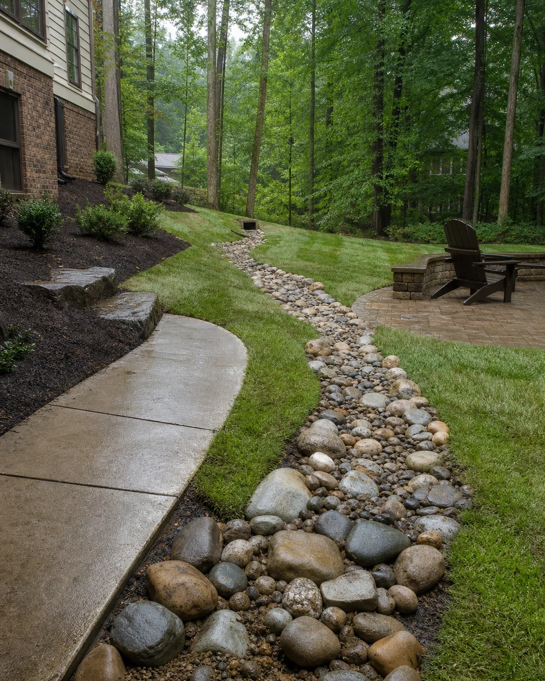 Finished residential yard visualization after grading and drainage work