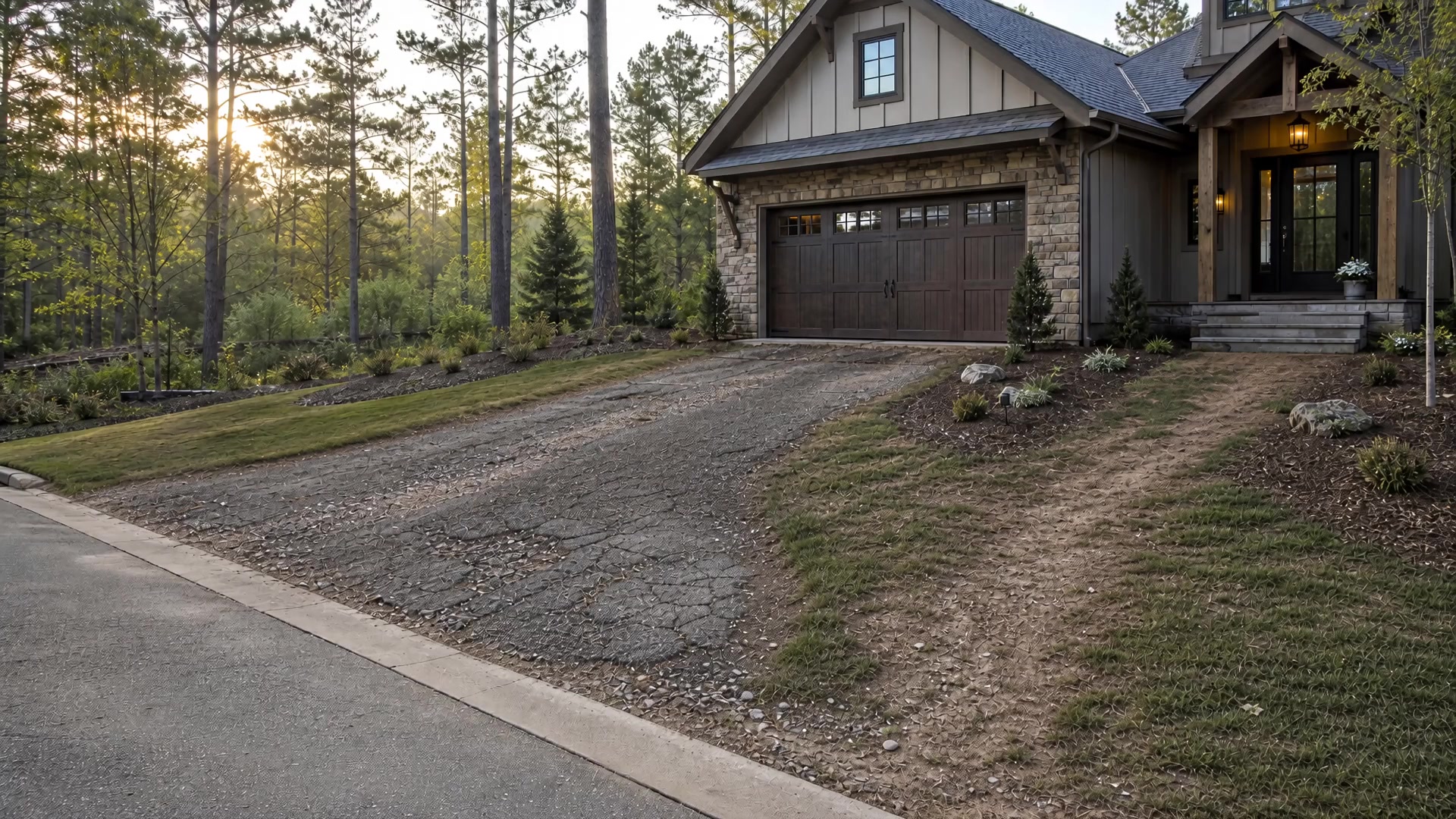 Worn residential driveway in an editorial transformation concept