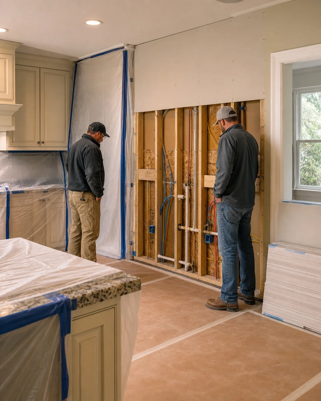 Illustrative residential renovation with protected finishes and exposed wall rough-ins