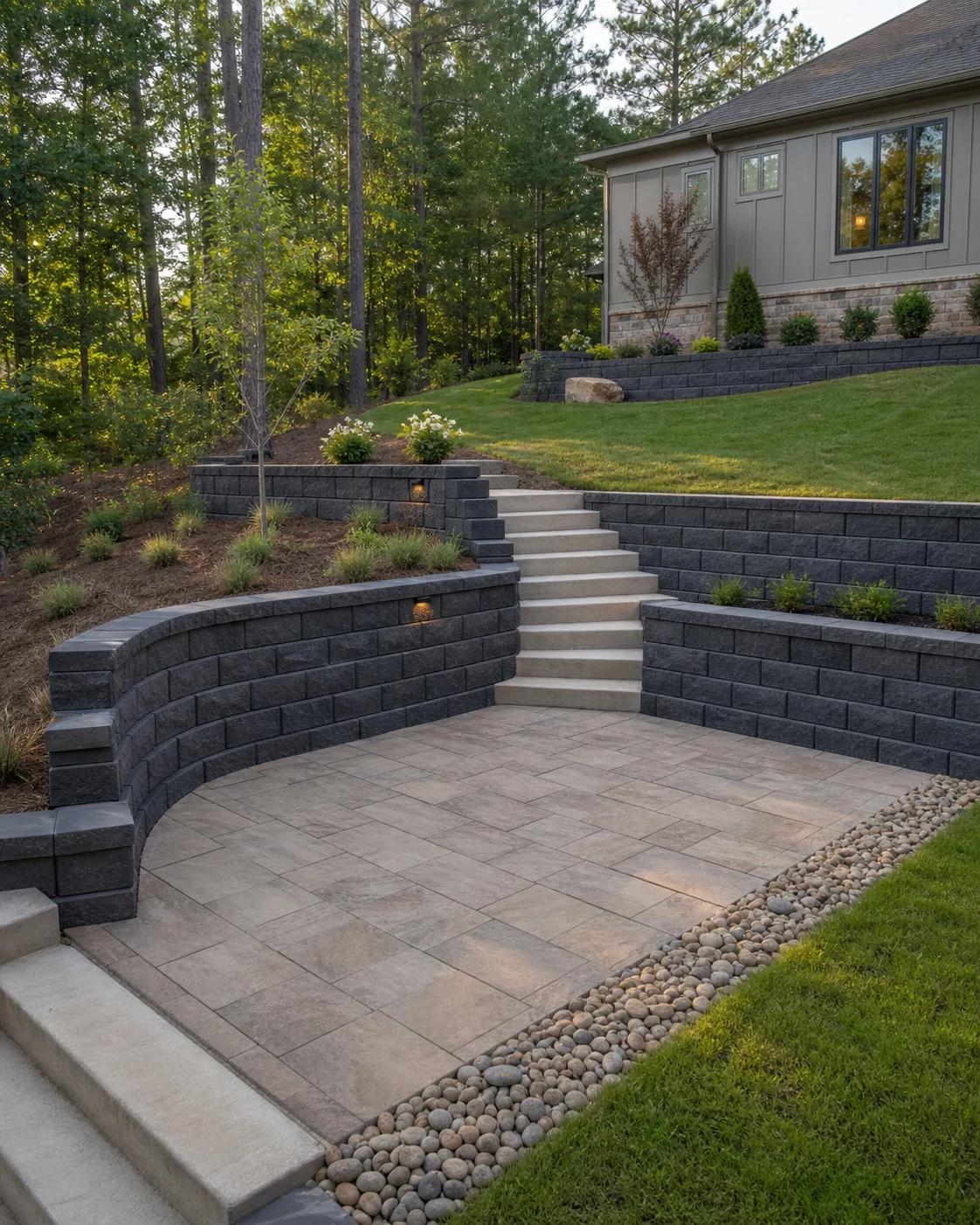 Outdoor-space visualization with a retaining wall, steps, and planted edges