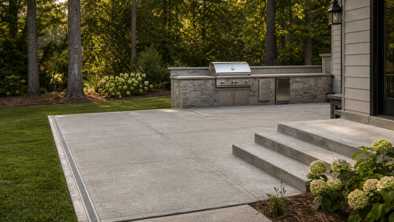 Editorial concept of a concrete patio, steps, and planted edge