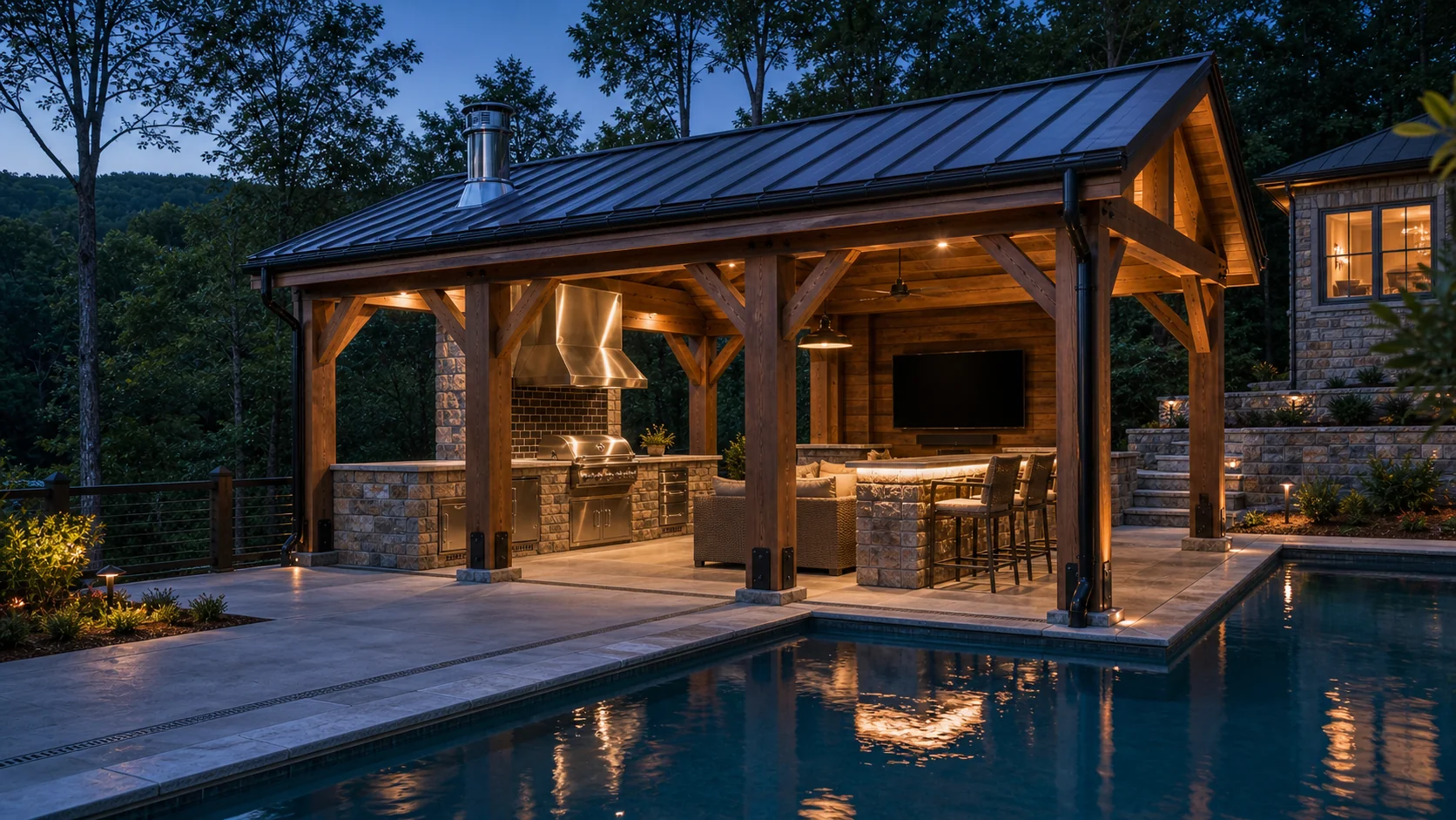 Poolside outdoor-living area with a warm timber pavilion and gathering space