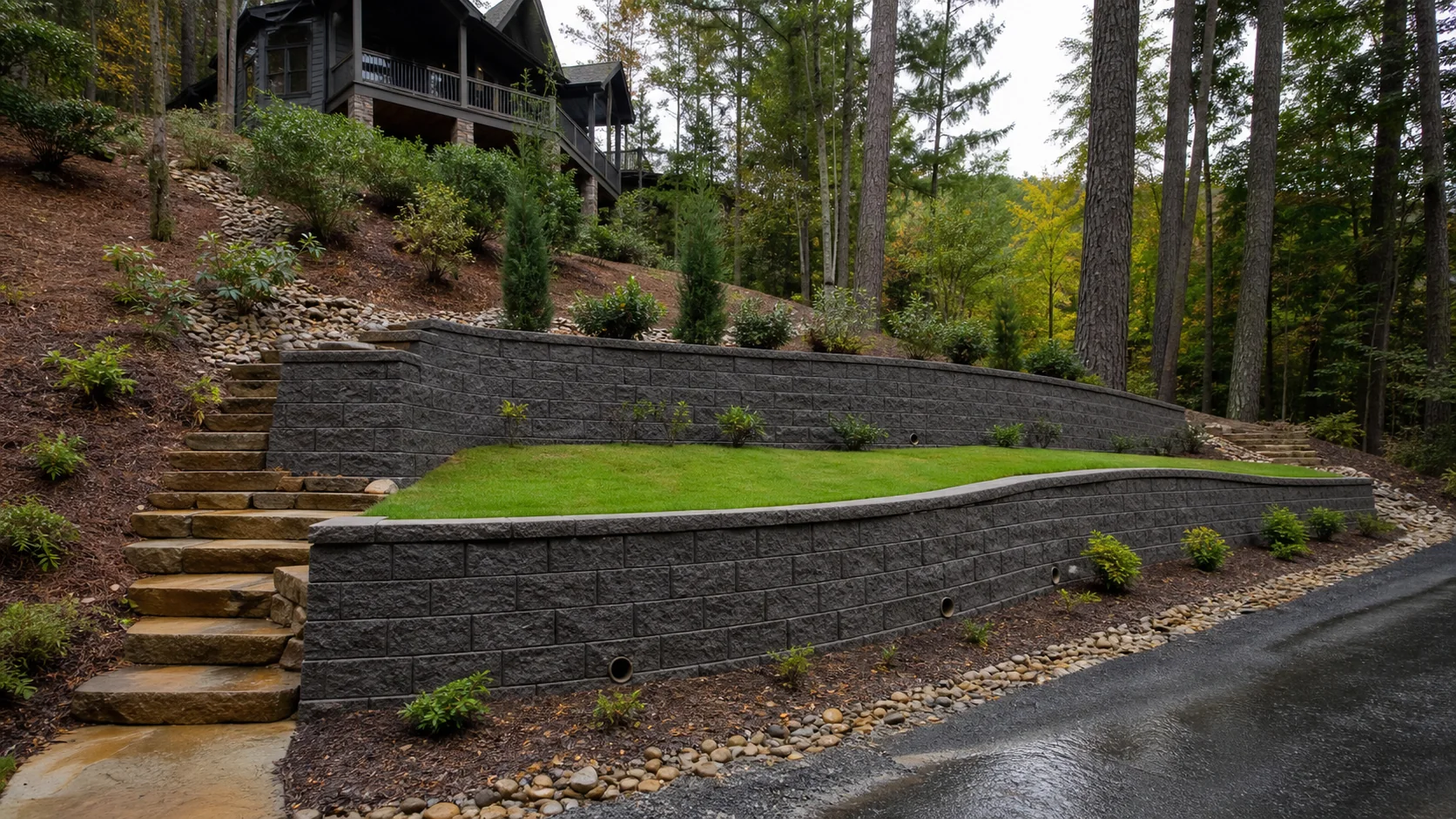 The same residential grade finished with retaining walls, steps, lawn, and planted edges