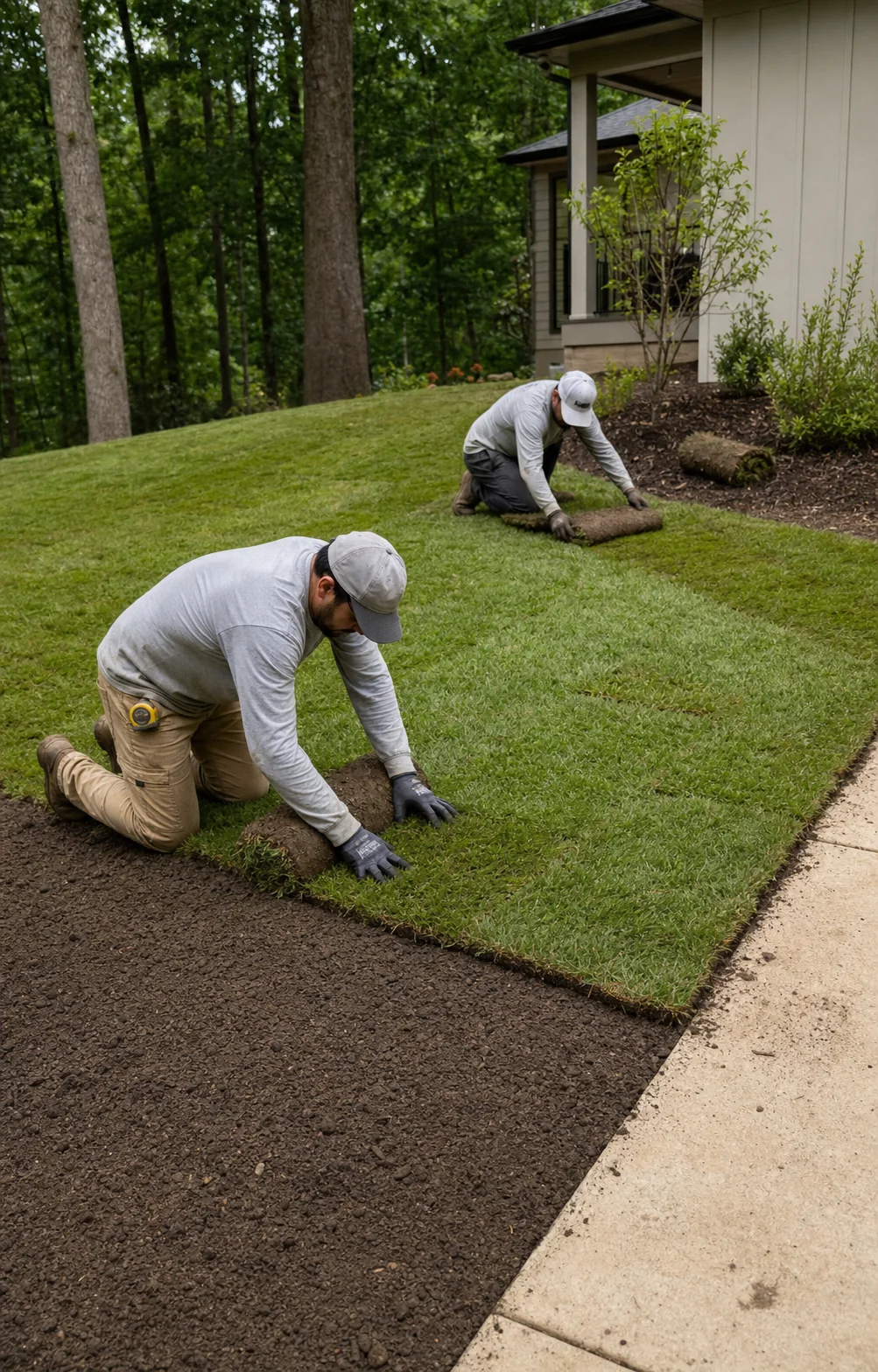 Outdoor-space visualization with fresh sod and a finished landscape edge