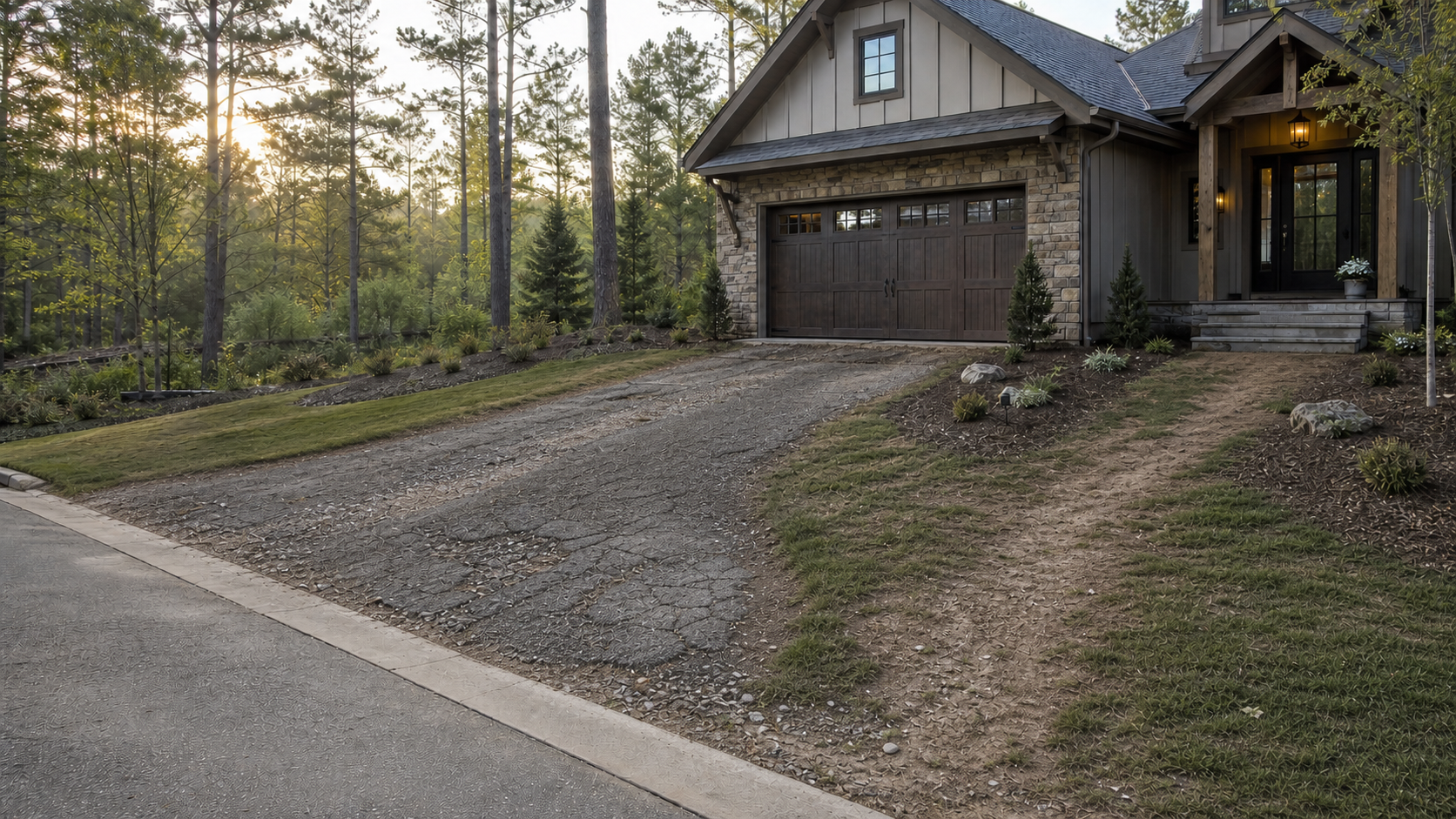 Residential driveway and front walk before a coordinated concrete update