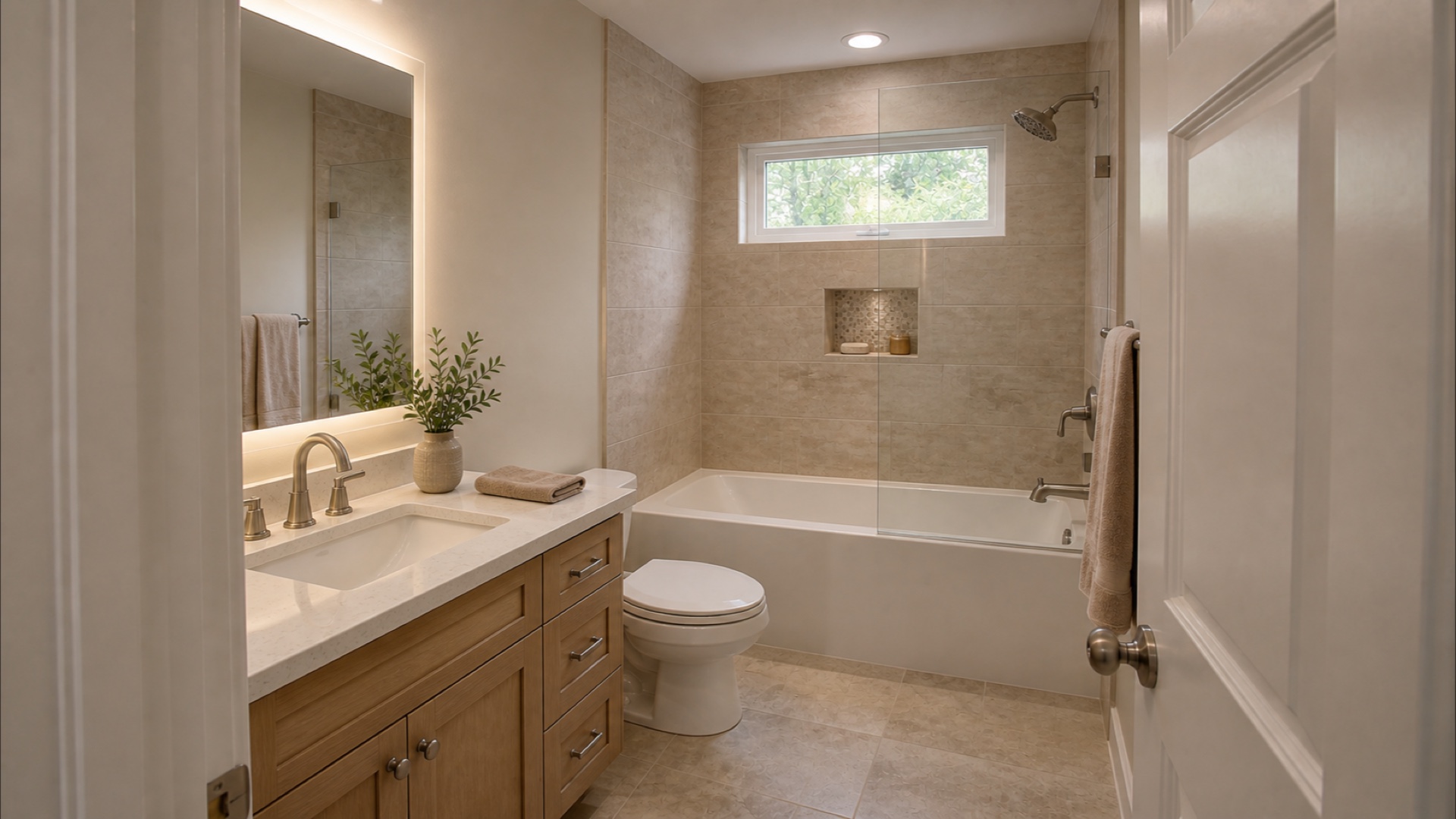 The same bathroom transformed with luxury tile, vanity, fixtures, and lighting