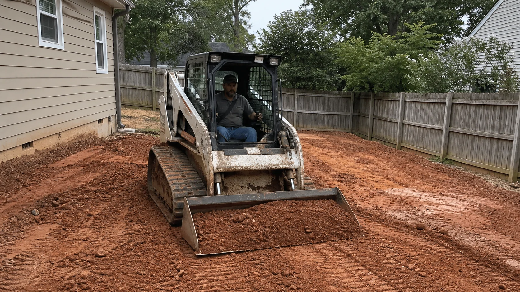 Illustrative operator grading red clay in a fenced residential backyard