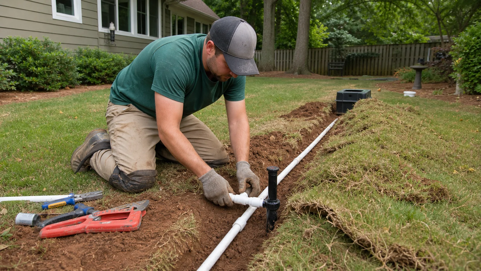 Illustrative installer connecting residential irrigation pipe and a pop-up sprinkler