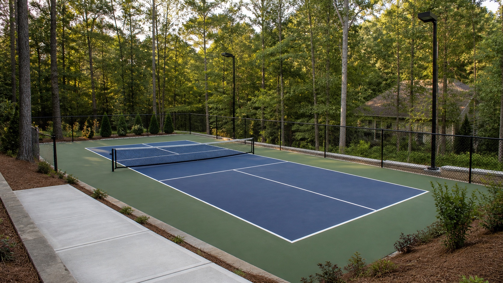 Same wooded backyard transformed with a private pickleball court, walk, fencing, lights, and restrained planting