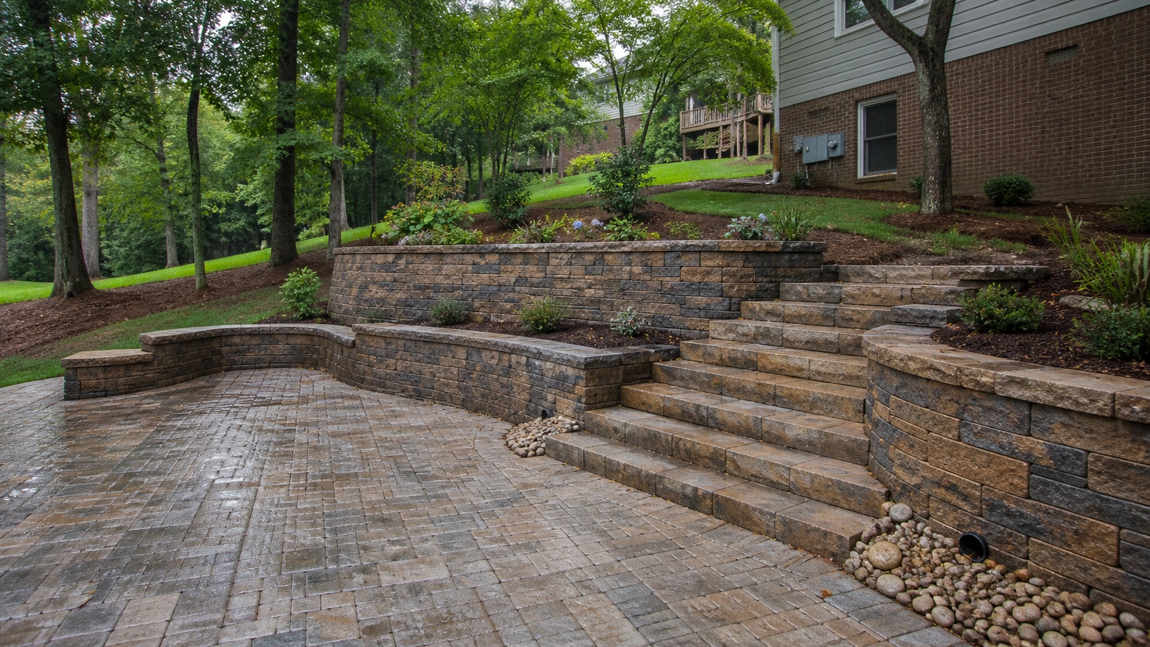 Planning visualization of curved retaining terraces, stone steps and a paver patio on a wooded Georgia property
