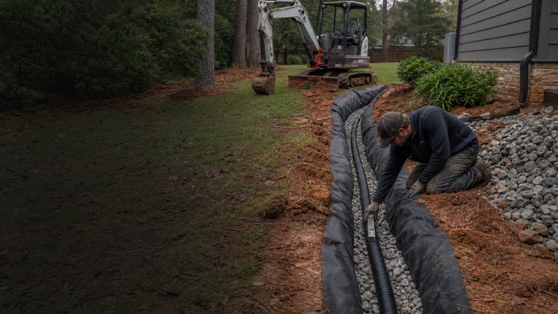 French drain route open with geotextile, washed stone, and perforated pipe
